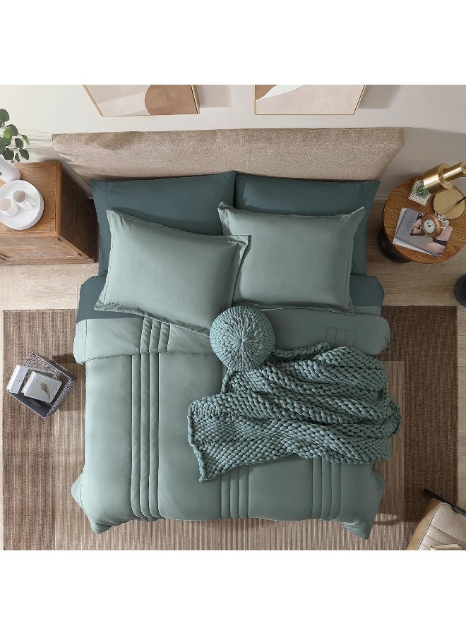 Monbix Queen Comforter Set - 7 Pieces Sage Green Bed in a Bag Queen Bedding Sets with Comforters, All Seasons Comforter Bed Set with Sheets,Pillowcases & Shams - Image 2